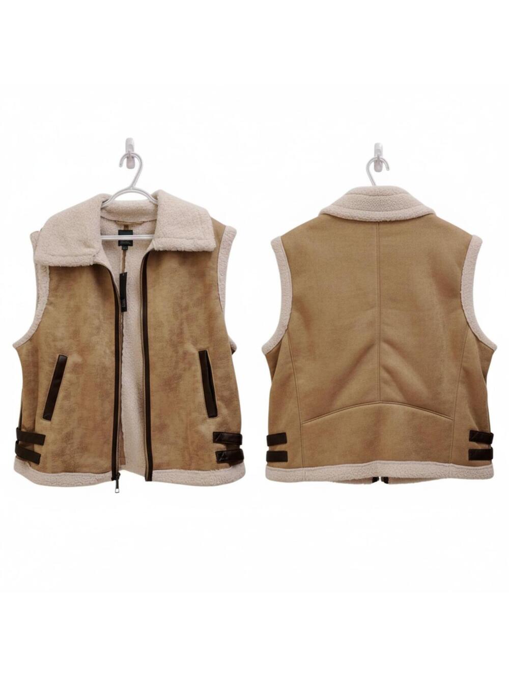 Womens Faux Suede Sherpa Lined Moto Vest Tan Buckle Detail Zip Up Outerwear